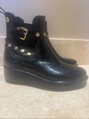 Lemon Jelly Black Women's Wedge Ankle Boots with Gold Stud Detail